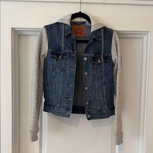 Levi's Blue Denim Jacket with Heather Gray Hoodie Sleeves